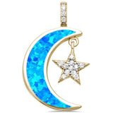 Crescent Moon Dangling Star Pendant Lab Created White Opal Round Simulated Cubic Zirconia 925 Sterling Silver Choose Color