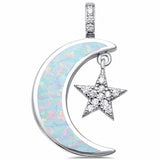 Crescent Moon Dangling Star Pendant Lab Created Blue Opal Round Simulated Cubic Zirconia 925 Sterling Silver Choose Color