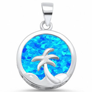 Palm Tree Pendant Round Lab Created Opal 925 Sterling Silver