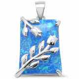 Leaf Lab Created Opal Rectangular Shape Pendant Charm Solid 925 Sterling Silver