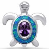 Turtle Pendant Oval Simulated Amethyst Created Opal 925 Sterling Silver