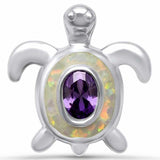 Turtle Pendant Oval Simulated Amethyst Created Opal 925 Sterling Silver