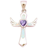 Cross Angel Wing Pendant Lab Created White Opal Heart Simualted Amethyst 925 Sterling Silver