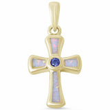 Cross Pendant Lab Created Fire Opal Round Simulated Tanzanite 925 Sterling Silver (30mm)