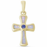 Cross Pendant Lab Created Fire Opal Round Simulated Tanzanite 925 Sterling Silver (30mm)