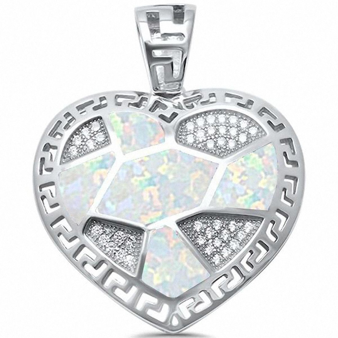 Heart Greek key Pendant Lab Created Opal 925 Sterling Silver