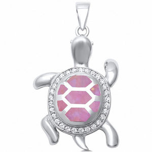 Turtle Pendant Created Opal Round Cubic Zirconia 925 Sterling Silver