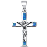 Cross Pendant Lab Created Blue Opal 925 Sterling Silver Jesus Crucified