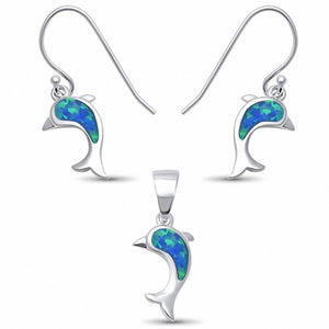 Dolphin Jewelry Set Lab Created Opal 925 Sterling Silver Pendant Earring