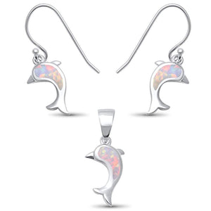 Dolphin Jewelry Set Lab Created Opal 925 Sterling Silver Pendant Earring