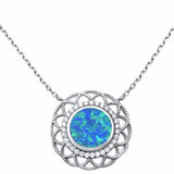 18" Necklace Pendant Filigree Design Created Blue Opal Round Simulated CZ 925 Sterling Silver