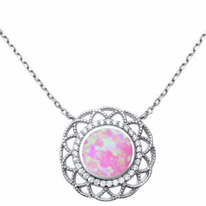 18" Necklace Pendant Filigree Design Created Opal Round Simulated CZ 925 Sterling Silver