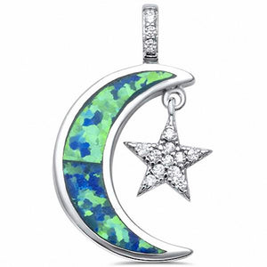 Crescent Moon Dangling Star Pendant Lab Created Blue Opal 925 Sterling Silver