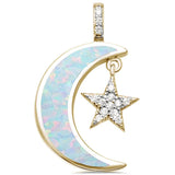 Crescent Moon Dangling Star Pendant Lab Created White Opal Round Simulated Cubic Zirconia 925 Sterling Silver Choose Color