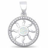 Sun Pendant Created Opal Simulated Round Cubic Zirconia 925 Sterling Silver (23 mm)
