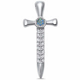 Sword Cross Pendant Round Created Blue Opal Cubic Zirconia 925 Sterling Silver