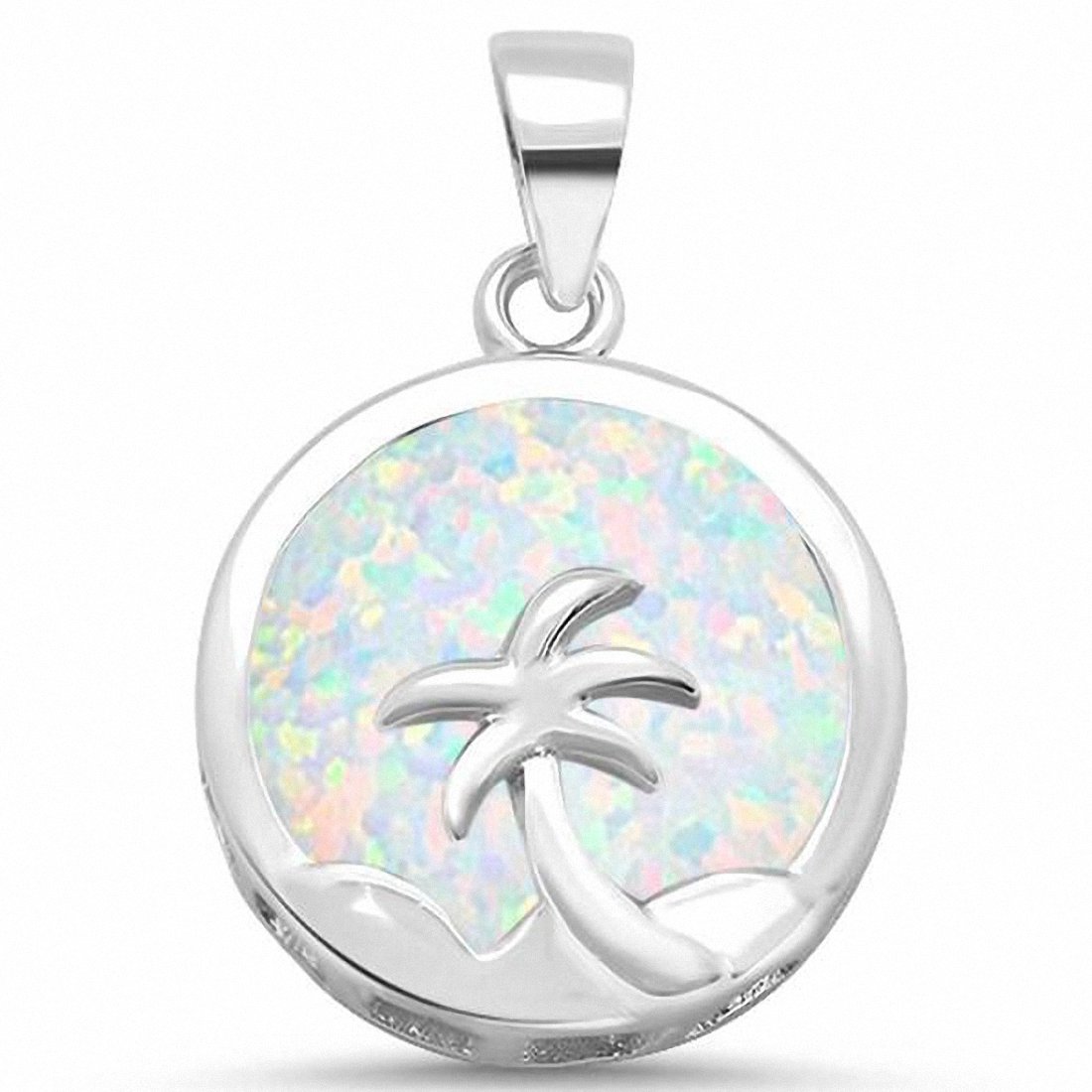 Palm Tree Pendant Round Lab Created Opal 925 Sterling Silver