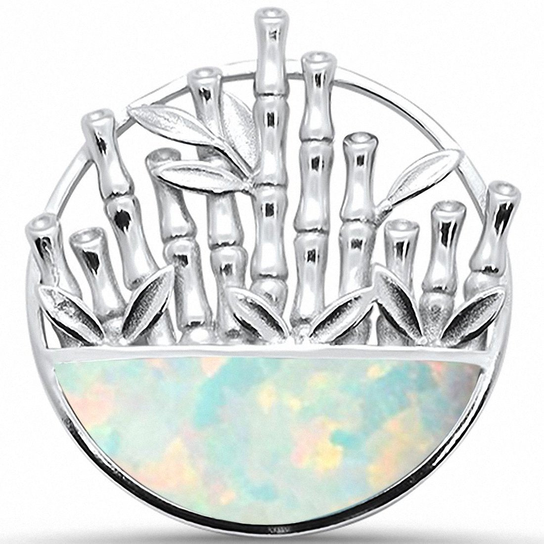 Bamboo Pendant Lab Created Opal Solid 925 Sterling Silver