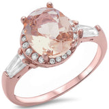 Halo Engagement Ring Simulated Morganite Round CZ Rose Gold Rhodium Plated