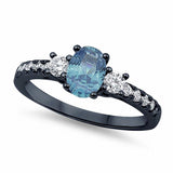 Three Stone Engagement Ring Oval Simulated Aquamarine Round Cubic Zirconia 925 Sterling Silver Choose Color