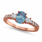 Three Stone Engagement Ring Oval Simulated Aquamarine Round Cubic Zirconia 925 Sterling Silver Choose Color