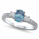 Three Stone Engagement Ring Oval Simulated Green Emerald CZ Round Cubic Zirconia 925 Sterling Silver Choose Color