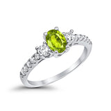 Three Stone Engagement Ring Oval Simulated Green Emerald CZ Round Cubic Zirconia 925 Sterling Silver Choose Color