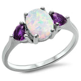 Fashion Promise Ring 3-Stone Oval Lab Created Opal Heart Simulated Purple Amethyst 925 Sterling Silver