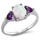 Fashion Promise Ring 3-Stone Oval Lab Created White Opal Heart Simulated Purple Amethyst 925 Sterling Silver - Blue Apple Jewelry