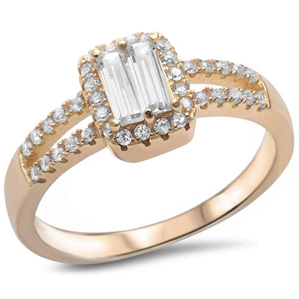 Split Shank Halo Wedding Ring Baguette Round CZ Yellow Gold Rhodium Plated 925 Sterling Silver