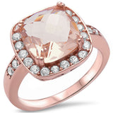 Halo Ring Cushion Cut Simulated Morganite Round CZ Rose Gold Rhodium Plated - Blue Apple Jewelry