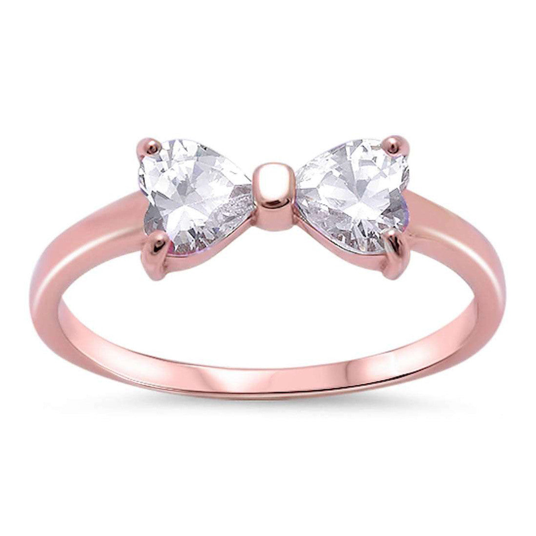 Petite Dainty Heart Ribbon Bow Tie Ring Heart CZ Rose Gold Rhodium Plated 925 Sterling Silver - Blue Apple Jewelry