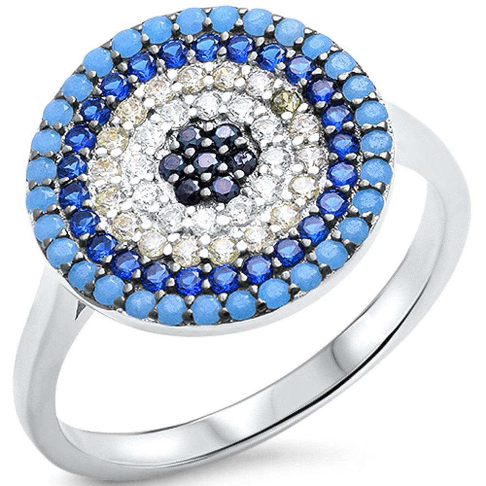 Evil Eye Design Ring Round Simulated Nano Turquoise Simulated Sapphire CZ 925 Sterling Silver - Blue Apple Jewelry