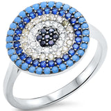 Evil Eye Design Ring Round Simulated Nano Turquoise Simulated Sapphire CZ 925 Sterling Silver (14 mm)