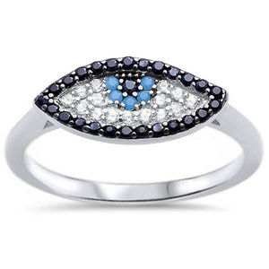 Evil Eye Ring 925 Sterling Silver Round Simulated Nano Turquoise CZ Yellow Gold Rhodium Plated - Blue Apple Jewelry