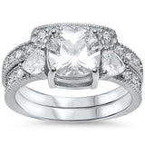 3-Stone Wedding Engagement Bridal Set Cushion Heart Round Cubic Zirconia 925 Sterling Silver Ring Band