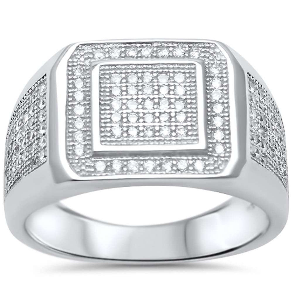 Square Men Ring Round Micro Pave Iced Out Cubic Zirconia 925 Sterling Silver Simulated CZ