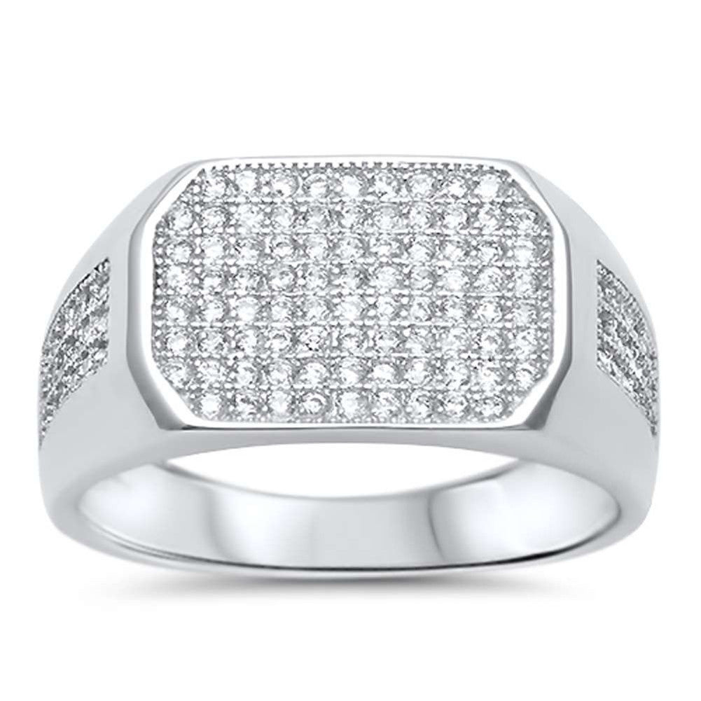 Men Flat Top Ring 925 Sterling Silver Round Micro Pave Iced Out Cubic Zirconia