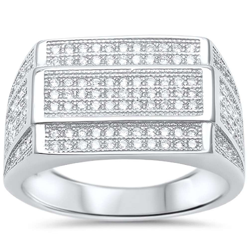 3 Row Micro Pave Cubic Zirconia Hip Hop Iced Out Men Ring 925 Sterling Silver - Blue Apple Jewelry