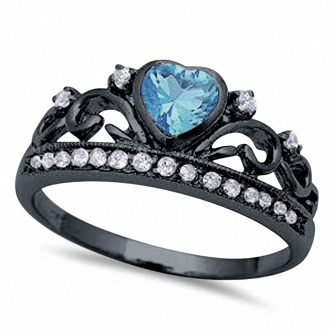 Heart Crown Ring Eternity Simulated Amethyst Sapphire Aquamarine Round CZ 925 Sterling Silver Choose Color