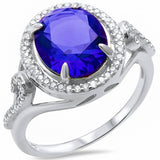 Halo Swirl Engagement Ring Oval Simulated Blue Sapphire Round CZ 925 Sterling Silver