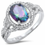 Halo Ring Oval Rainbow Cubic Zirconia 925 Sterling Silver Choose Color