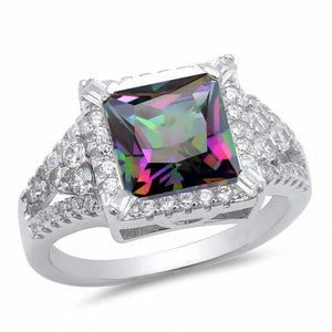 Halo Engagement Ring Princess Cut Round Cubic Zirconia 925 Sterling Silver Choose Color
