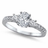 Three Stone Engagement Ring Oval Simulated Round Cubic Zirconia 925 Sterling Silver Choose Color
