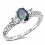 Three Stone Engagement Ring Simulated Oval Round Cubic Zirconia 925 Sterling Silver Choose Color