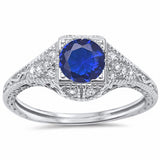 Vintage Art Deco Design Wedding Ring Round Simulated Blue Sapphire CZ 925 Sterling Silver
