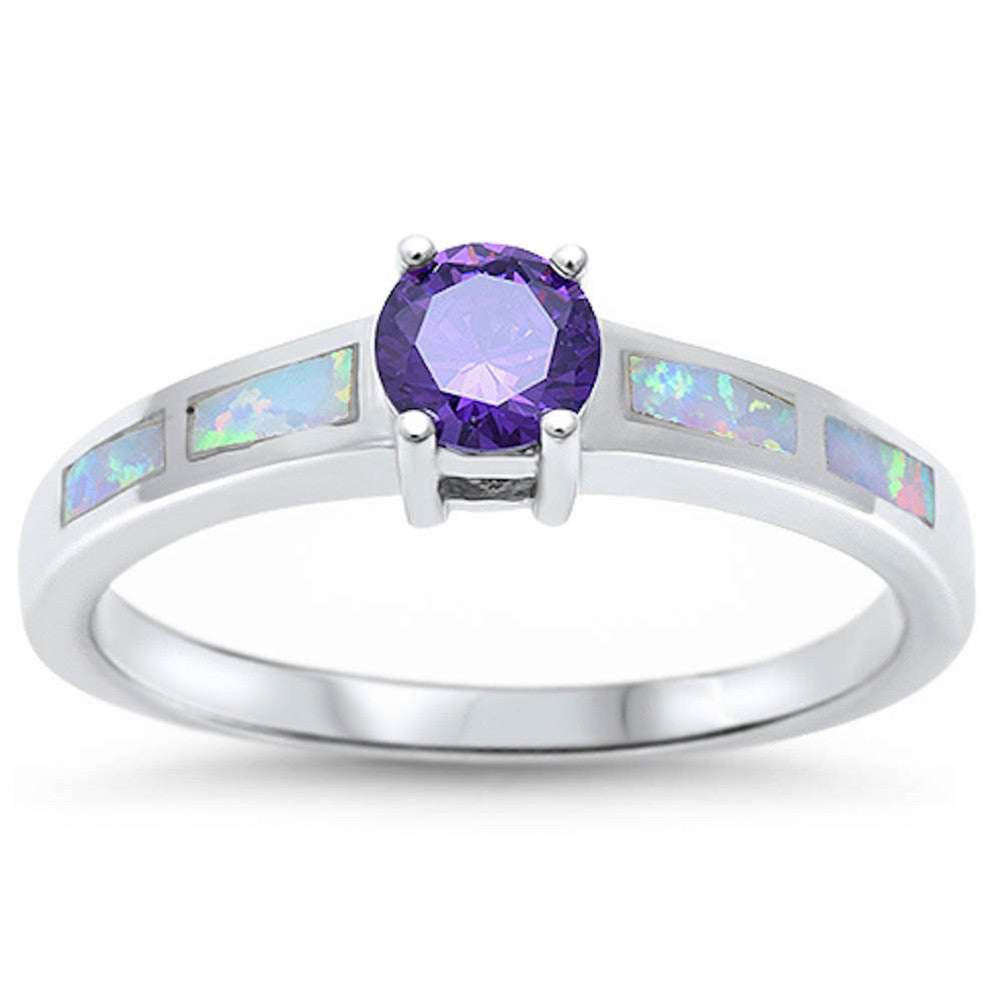 Fashion Solitaire Accent Ring Lab Created White Opal Round Simulated Purple Amethyst 925 Sterling Silver - Blue Apple Jewelry