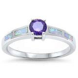 Fashion Solitaire Accent Ring Lab Created White Opal Round Simulated Purple Amethyst 925 Sterling Silver (8mm)