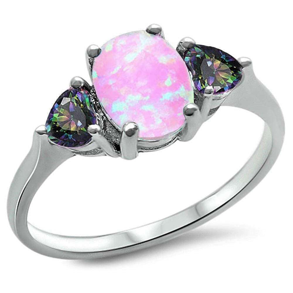 Fashion Promise Ring 3-Stone Oval Lab Created White Opal Heart Simulated Purple Amethyst 925 Sterling Silver - Blue Apple Jewelry