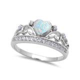 Half Eternity Heart Crown Ring White Opal Round Cubic Zirconia Solid 925 Sterling Silver